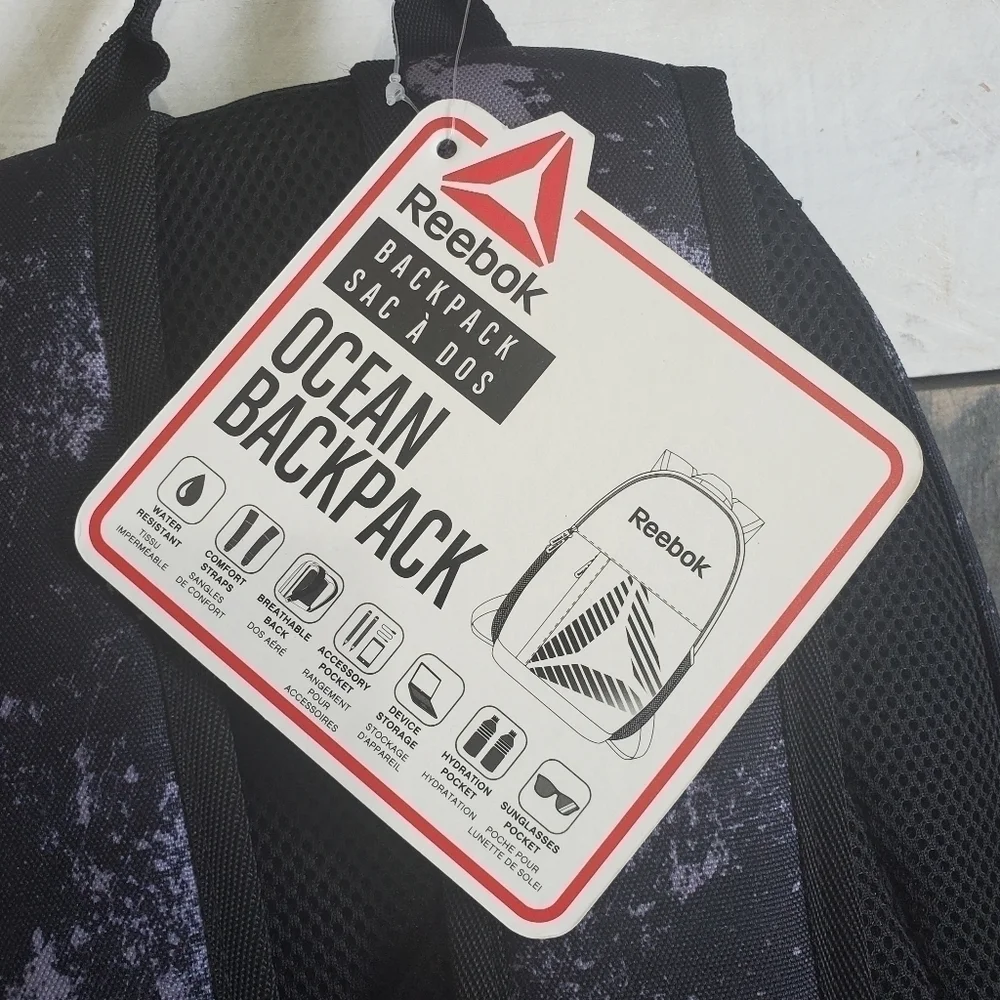 Reebok Black Gray Ocean Backpack Unisex NWT